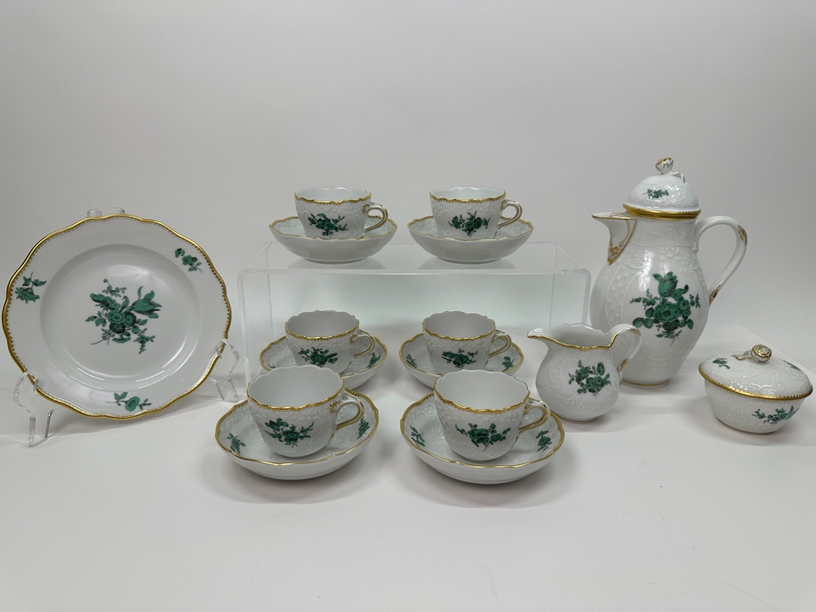 Meissen (Germany) Fine Porcelain Individually Hand Painted Bouquet, Center, Copper Green Gold Toothed Edge Coffee Pot 8H, Sugar 2.5H, Creamer 3H, 6 Demitasse Cups 2H & Saucers 4.5W And Plate 6.5W Dekor 100823 Estimate $3,250 [Photo 3]