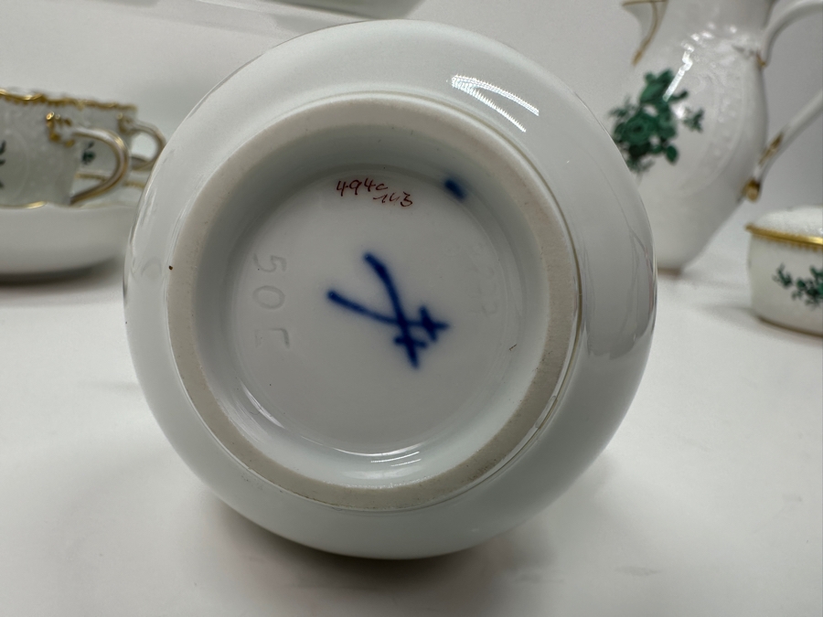 Meissen (Germany) Fine Porcelain Individually Hand Painted Bouquet, Center, Copper Green Gold Toothed Edge Coffee Pot 8H, Sugar 2.5H, Creamer 3H, 6 Demitasse Cups 2H & Saucers 4.5W And Plate 6.5W Dekor 100823 Estimate $3,250 [Photo 21]