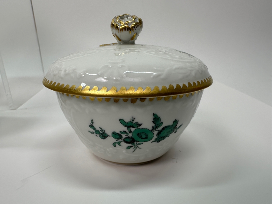 Meissen (Germany) Fine Porcelain Individually Hand Painted Bouquet, Center, Copper Green Gold Toothed Edge Coffee Pot 8H, Sugar 2.5H, Creamer 3H, 6 Demitasse Cups 2H & Saucers 4.5W And Plate 6.5W Dekor 100823 Estimate $3,250 [Photo 17]