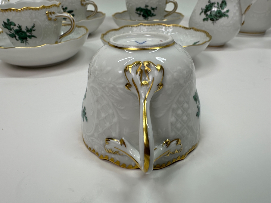 Meissen (Germany) Fine Porcelain Individually Hand Painted Bouquet, Center, Copper Green Gold Toothed Edge Coffee Pot 8H, Sugar 2.5H, Creamer 3H, 6 Demitasse Cups 2H & Saucers 4.5W And Plate 6.5W Dekor 100823 Estimate $3,250 [Photo 7]