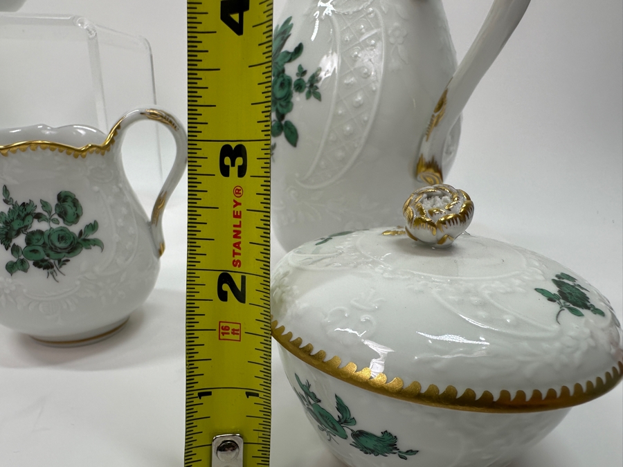 Meissen (Germany) Fine Porcelain Individually Hand Painted Bouquet, Center, Copper Green Gold Toothed Edge Coffee Pot 8H, Sugar 2.5H, Creamer 3H, 6 Demitasse Cups 2H & Saucers 4.5W And Plate 6.5W Dekor 100823 Estimate $3,250 [Photo 27]