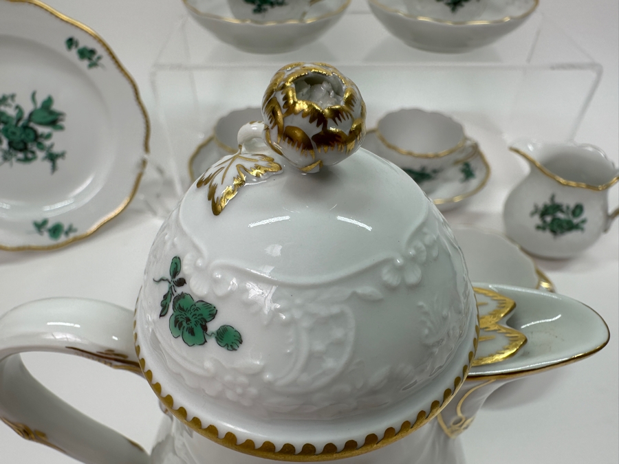 Meissen (Germany) Fine Porcelain Individually Hand Painted Bouquet, Center, Copper Green Gold Toothed Edge Coffee Pot 8H, Sugar 2.5H, Creamer 3H, 6 Demitasse Cups 2H & Saucers 4.5W And Plate 6.5W Dekor 100823 Estimate $3,250 [Photo 14]
