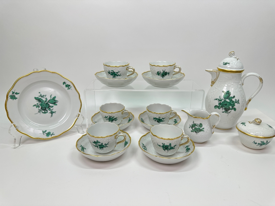 Meissen (Germany) Fine Porcelain Individually Hand Painted Bouquet, Center, Copper Green Gold Toothed Edge Coffee Pot 8H, Sugar 2.5H, Creamer 3H, 6 Demitasse Cups 2H & Saucers 4.5W And Plate 6.5W Dekor 100823 Estimate $3,250 [Photo 2]