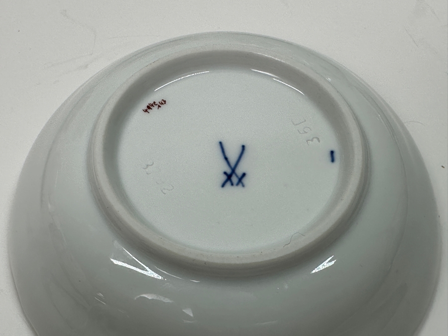 Meissen (Germany) Fine Porcelain Individually Hand Painted Bouquet, Center, Copper Green Gold Toothed Edge Coffee Pot 8H, Sugar 2.5H, Creamer 3H, 6 Demitasse Cups 2H & Saucers 4.5W And Plate 6.5W Dekor 100823 Estimate $3,250 [Photo 10]