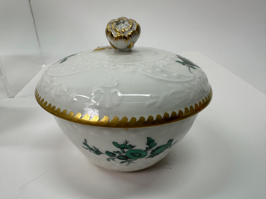 Meissen (Germany) Fine Porcelain Individually Hand Painted Bouquet, Center, Copper Green Gold Toothed Edge Coffee Pot 8H, Sugar 2.5H, Creamer 3H, 6 Demitasse Cups 2H & Saucers 4.5W And Plate 6.5W Dekor 100823 Estimate $3,250 [Photo 16]