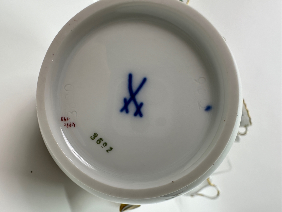 Meissen (Germany) Fine Porcelain Individually Hand Painted Bouquet, Center, Copper Green Gold Toothed Edge Coffee Pot 8H, Sugar 2.5H, Creamer 3H, 6 Demitasse Cups 2H & Saucers 4.5W And Plate 6.5W Dekor 100823 Estimate $3,250 [Photo 19]