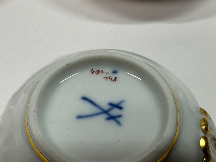 Meissen (Germany) Fine Porcelain Individually Hand Painted Bouquet, Center, Copper Green Gold Toothed Edge Coffee Pot 8H, Sugar 2.5H, Creamer 3H, 6 Demitasse Cups 2H & Saucers 4.5W And Plate 6.5W Dekor 100823 Estimate $3,250 [Photo 9]