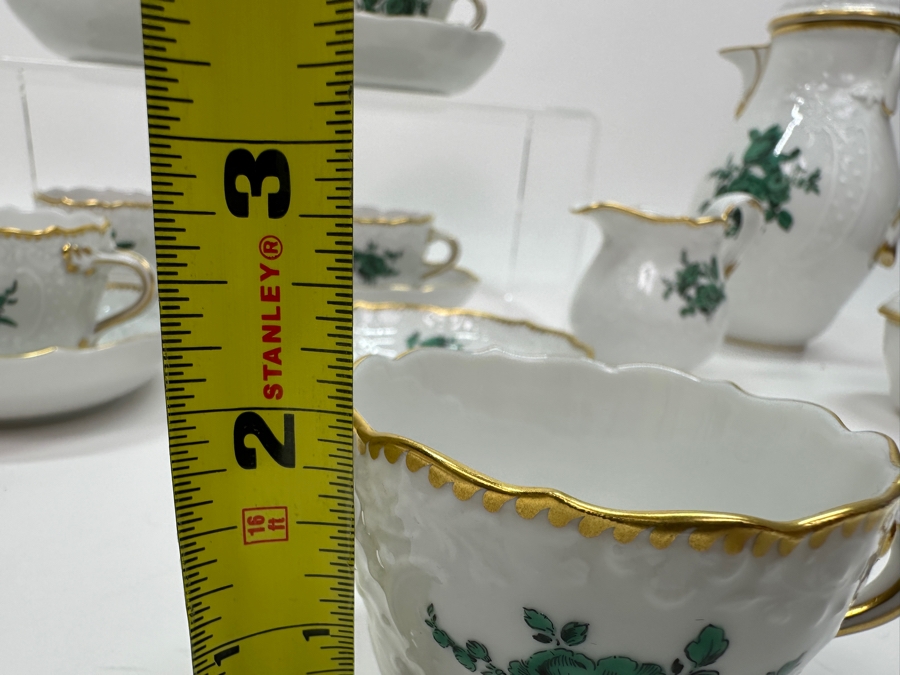 Meissen (Germany) Fine Porcelain Individually Hand Painted Bouquet, Center, Copper Green Gold Toothed Edge Coffee Pot 8H, Sugar 2.5H, Creamer 3H, 6 Demitasse Cups 2H & Saucers 4.5W And Plate 6.5W Dekor 100823 Estimate $3,250 [Photo 28]