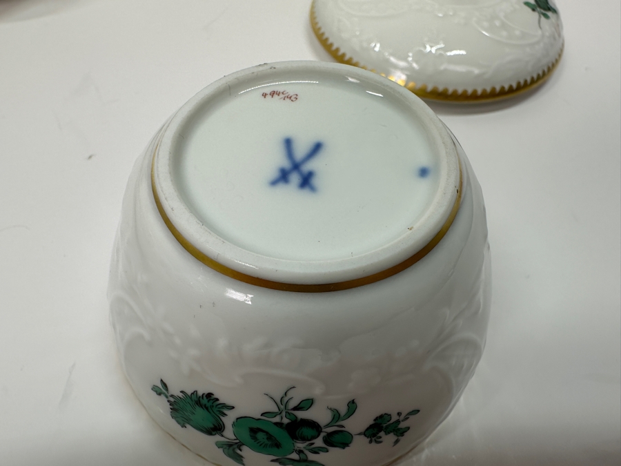 Meissen (Germany) Fine Porcelain Individually Hand Painted Bouquet, Center, Copper Green Gold Toothed Edge Coffee Pot 8H, Sugar 2.5H, Creamer 3H, 6 Demitasse Cups 2H & Saucers 4.5W And Plate 6.5W Dekor 100823 Estimate $3,250 [Photo 18]