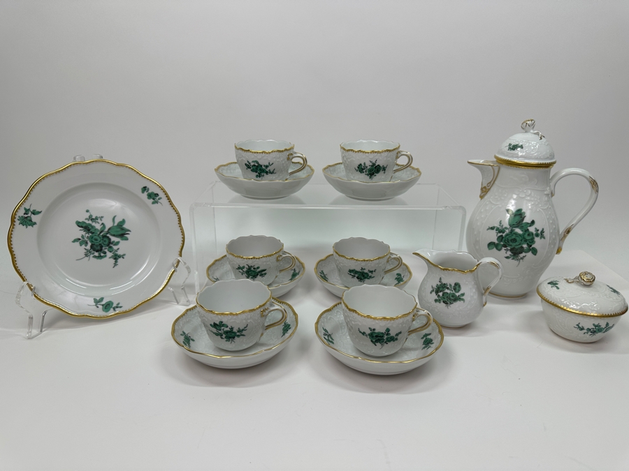 Meissen (Germany) Fine Porcelain Individually Hand Painted Bouquet, Center, Copper Green Gold Toothed Edge Coffee Pot 8H, Sugar 2.5H, Creamer 3H, 6 Demitasse Cups 2H & Saucers 4.5W And Plate 6.5W Dekor 100823 Estimate $3,250 [Photo 4]