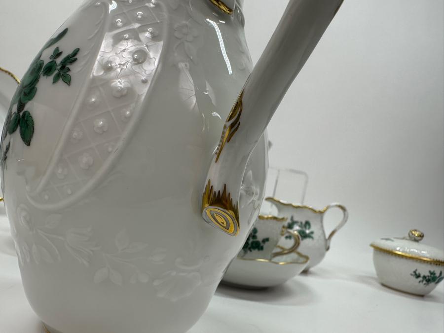 Meissen (Germany) Fine Porcelain Individually Hand Painted Bouquet, Center, Copper Green Gold Toothed Edge Coffee Pot 8H, Sugar 2.5H, Creamer 3H, 6 Demitasse Cups 2H & Saucers 4.5W And Plate 6.5W Dekor 100823 Estimate $3,250 [Photo 15]