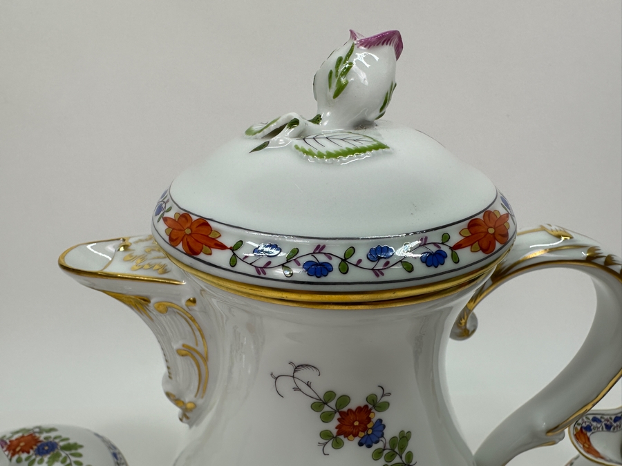 Meissen (Germany) Fine Porcelain Individually Hand Painted 'Colorful Indian Flower Painting, 2 Parts, Gold Edge' Dekor 451110 Coffee Pot 9.5H, Creamer 4.5H & Sugar 3.75H Estimate $2,050 [Photo 4]
