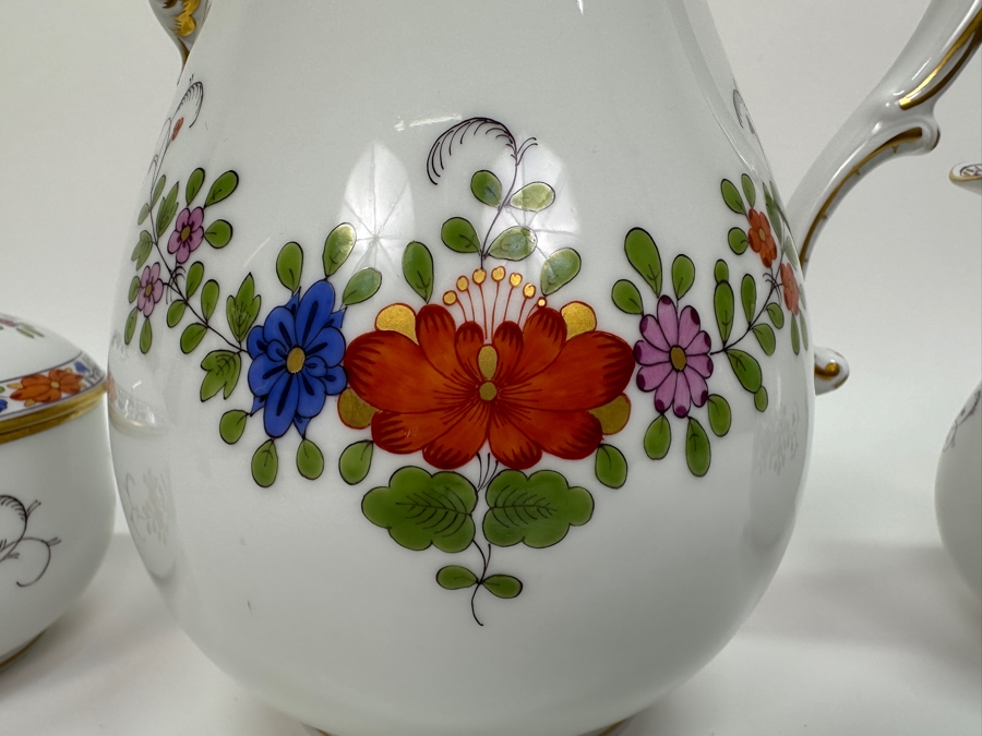 Meissen (Germany) Fine Porcelain Individually Hand Painted 'Colorful Indian Flower Painting, 2 Parts, Gold Edge' Dekor 451110 Coffee Pot 9.5H, Creamer 4.5H & Sugar 3.75H Estimate $2,050 [Photo 3]