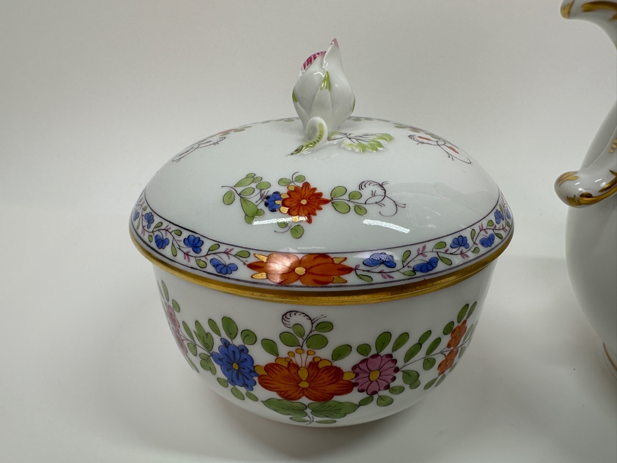 Meissen (Germany) Fine Porcelain Individually Hand Painted 'Colorful Indian Flower Painting, 2 Parts, Gold Edge' Dekor 451110 Coffee Pot 9.5H, Creamer 4.5H & Sugar 3.75H Estimate $2,050 [Photo 12]