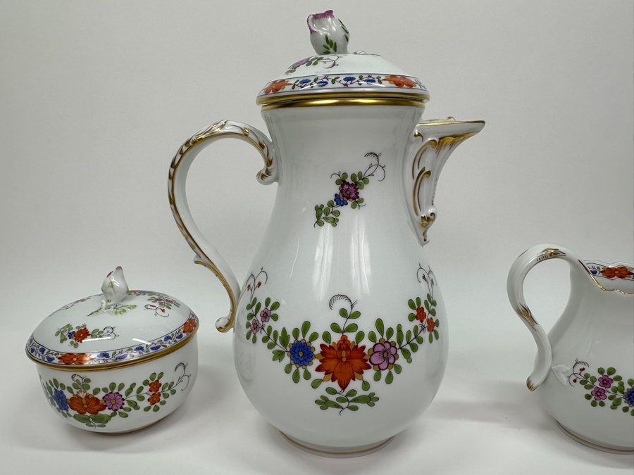 Meissen (Germany) Fine Porcelain Individually Hand Painted 'Colorful Indian Flower Painting, 2 Parts, Gold Edge' Dekor 451110 Coffee Pot 9.5H, Creamer 4.5H & Sugar 3.75H Estimate $2,050 [Photo 10]