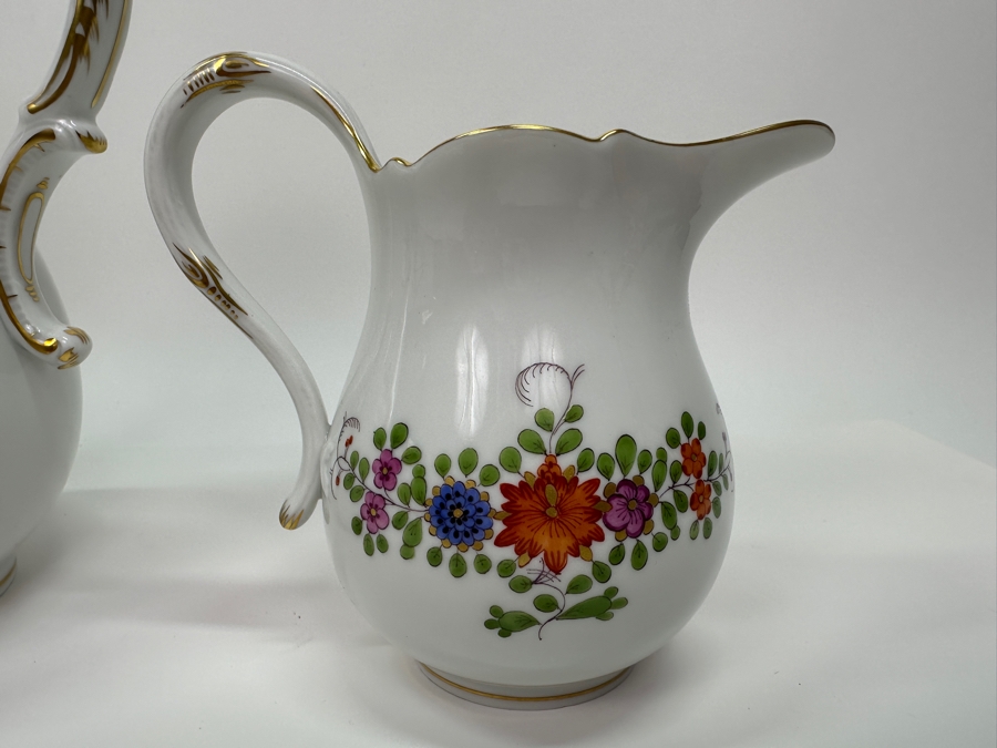 Meissen (Germany) Fine Porcelain Individually Hand Painted 'Colorful Indian Flower Painting, 2 Parts, Gold Edge' Dekor 451110 Coffee Pot 9.5H, Creamer 4.5H & Sugar 3.75H Estimate $2,050 [Photo 9]