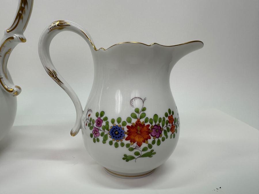 Meissen (Germany) Fine Porcelain Individually Hand Painted 'Colorful Indian Flower Painting, 2 Parts, Gold Edge' Dekor 451110 Coffee Pot 9.5H, Creamer 4.5H & Sugar 3.75H Estimate $2,050 [Photo 8]