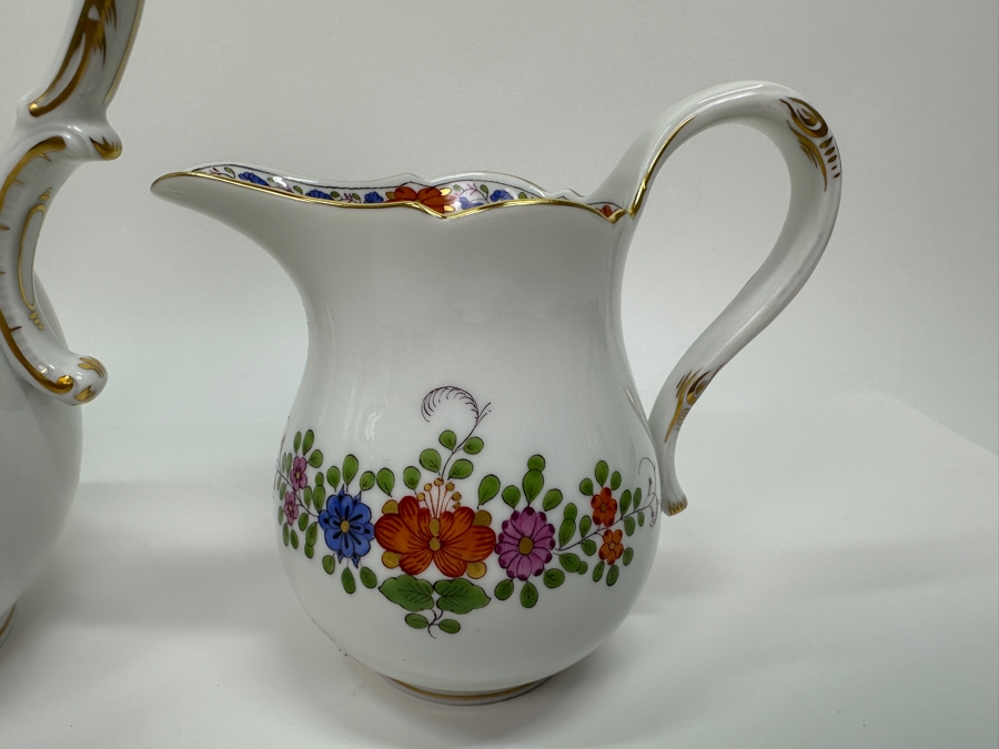 Meissen (Germany) Fine Porcelain Individually Hand Painted 'Colorful Indian Flower Painting, 2 Parts, Gold Edge' Dekor 451110 Coffee Pot 9.5H, Creamer 4.5H & Sugar 3.75H Estimate $2,050 [Photo 6]