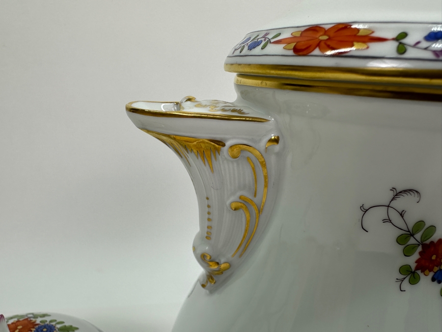 Meissen (Germany) Fine Porcelain Individually Hand Painted 'Colorful Indian Flower Painting, 2 Parts, Gold Edge' Dekor 451110 Coffee Pot 9.5H, Creamer 4.5H & Sugar 3.75H Estimate $2,050 [Photo 5]