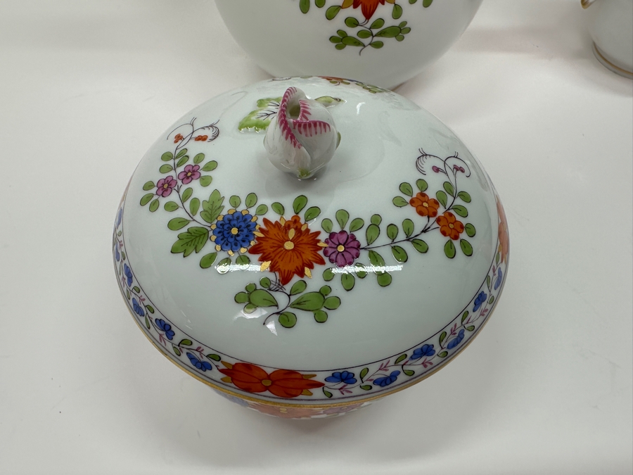 Meissen (Germany) Fine Porcelain Individually Hand Painted 'Colorful Indian Flower Painting, 2 Parts, Gold Edge' Dekor 451110 Coffee Pot 9.5H, Creamer 4.5H & Sugar 3.75H Estimate $2,050 [Photo 15]