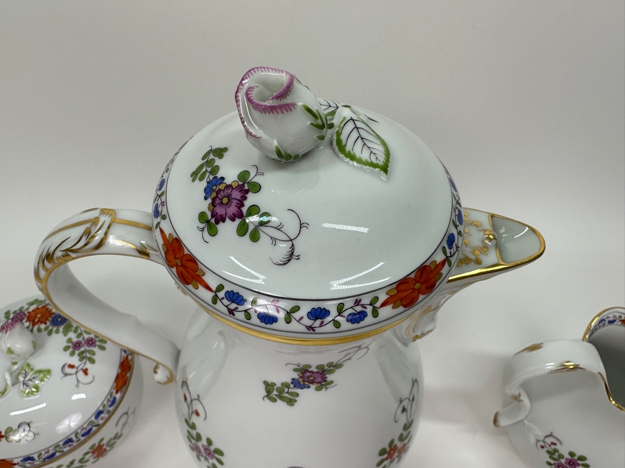 Meissen (Germany) Fine Porcelain Individually Hand Painted 'Colorful Indian Flower Painting, 2 Parts, Gold Edge' Dekor 451110 Coffee Pot 9.5H, Creamer 4.5H & Sugar 3.75H Estimate $2,050 [Photo 11]