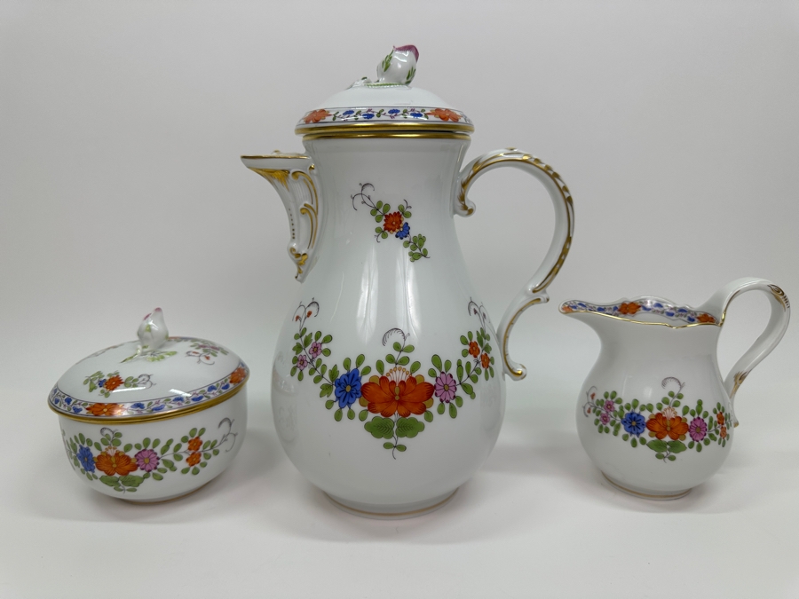 Meissen (Germany) Fine Porcelain Individually Hand Painted 'Colorful Indian Flower Painting, 2 Parts, Gold Edge' Dekor 451110 Coffee Pot 9.5H, Creamer 4.5H & Sugar 3.75H Estimate $2,050 [Photo 2]
