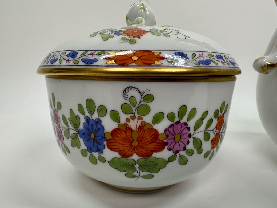 Meissen (Germany) Fine Porcelain Individually Hand Painted 'Colorful Indian Flower Painting, 2 Parts, Gold Edge' Dekor 451110 Coffee Pot 9.5H, Creamer 4.5H & Sugar 3.75H Estimate $2,050 [Photo 13]