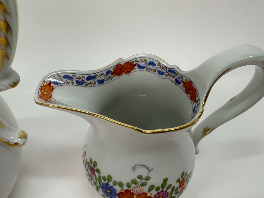 Meissen (Germany) Fine Porcelain Individually Hand Painted 'Colorful Indian Flower Painting, 2 Parts, Gold Edge' Dekor 451110 Coffee Pot 9.5H, Creamer 4.5H & Sugar 3.75H Estimate $2,050 [Photo 7]