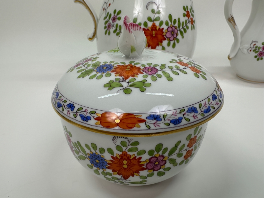 Meissen (Germany) Fine Porcelain Individually Hand Painted 'Colorful Indian Flower Painting, 2 Parts, Gold Edge' Dekor 451110 Coffee Pot 9.5H, Creamer 4.5H & Sugar 3.75H Estimate $2,050 [Photo 14]