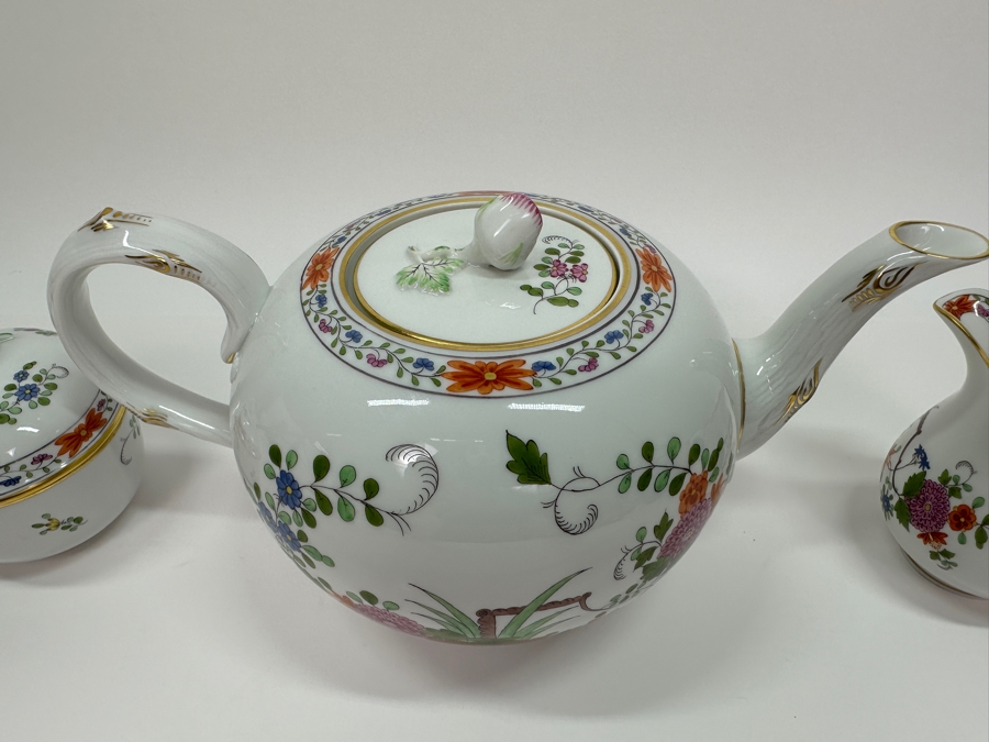 Meissen (Germany) Fine Porcelain Individually Hand Painted 'Colorful Rich Sheaf Pattern With Edge, Gold Edge' Decor 39110 Teapot 5.5H, Creamer 3.75H & Sugar 3.75H Estimate $2,050 [Photo 18]