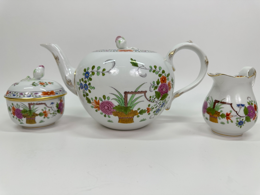 Meissen (Germany) Fine Porcelain Individually Hand Painted 'Colorful Rich Sheaf Pattern With Edge, Gold Edge' Decor 39110 Teapot 5.5H, Creamer 3.75H & Sugar 3.75H Estimate $2,050 [Photo 2]