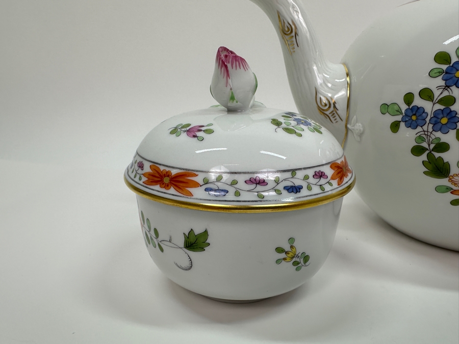 Meissen (Germany) Fine Porcelain Individually Hand Painted 'Colorful Rich Sheaf Pattern With Edge, Gold Edge' Decor 39110 Teapot 5.5H, Creamer 3.75H & Sugar 3.75H Estimate $2,050 [Photo 13]