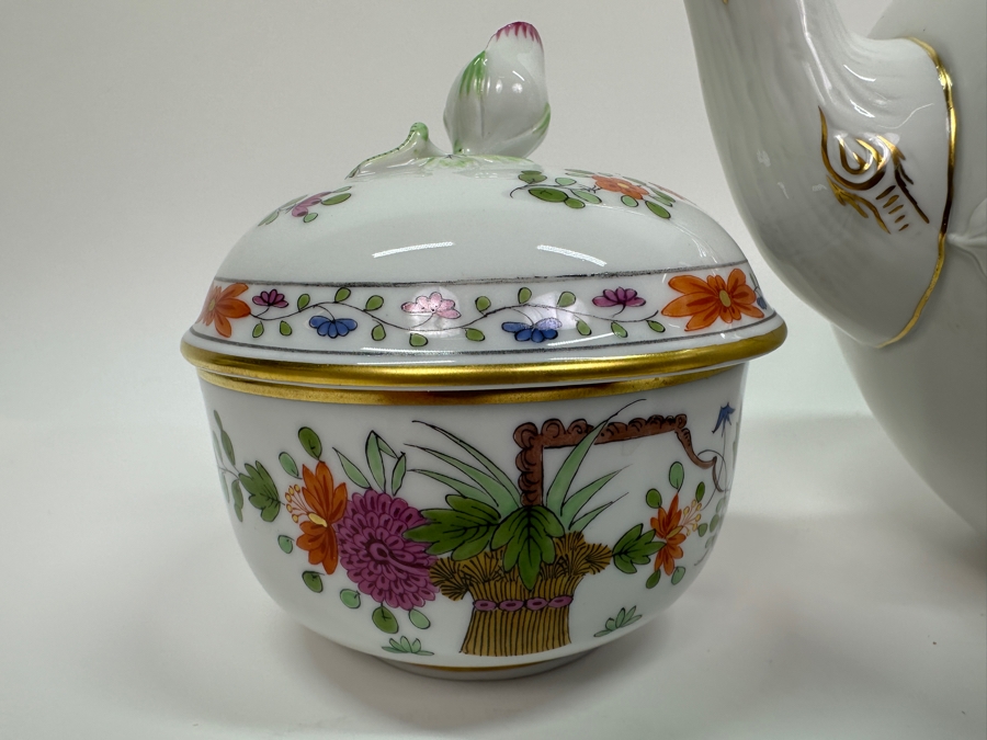Meissen (Germany) Fine Porcelain Individually Hand Painted 'Colorful Rich Sheaf Pattern With Edge, Gold Edge' Decor 39110 Teapot 5.5H, Creamer 3.75H & Sugar 3.75H Estimate $2,050 [Photo 11]