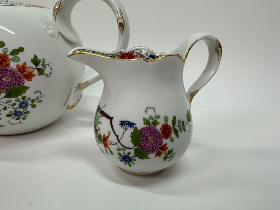 Meissen (Germany) Fine Porcelain Individually Hand Painted 'Colorful Rich Sheaf Pattern With Edge, Gold Edge' Decor 39110 Teapot 5.5H, Creamer 3.75H & Sugar 3.75H Estimate $2,050 [Photo 8]