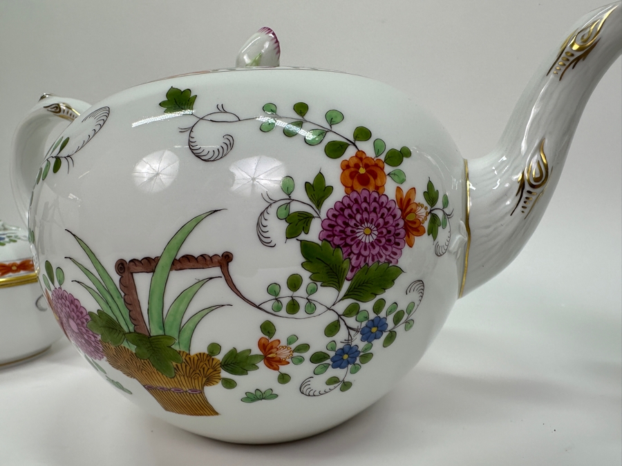 Meissen (Germany) Fine Porcelain Individually Hand Painted 'Colorful Rich Sheaf Pattern With Edge, Gold Edge' Decor 39110 Teapot 5.5H, Creamer 3.75H & Sugar 3.75H Estimate $2,050 [Photo 16]