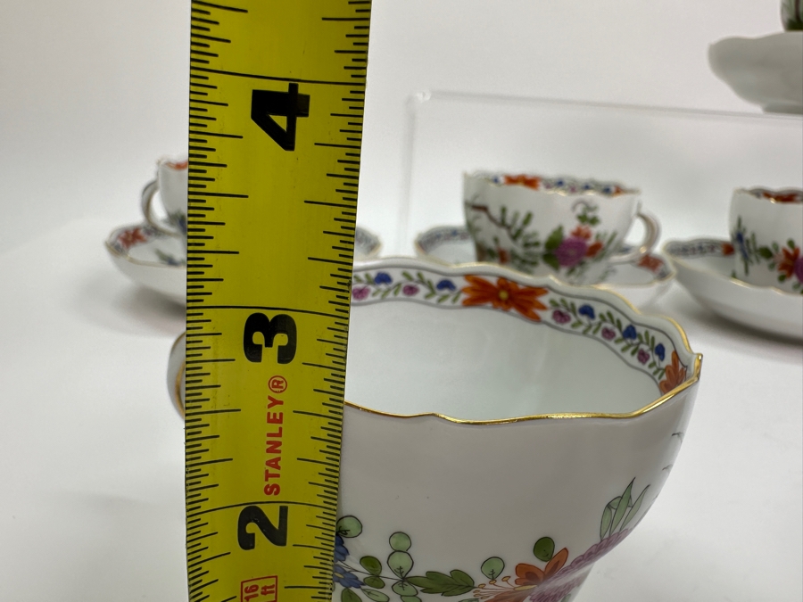 Meissen (Germany) Fine Porcelain Individually Hand Painted 'Colorful Rich Sheaf Pattern With Edge, Gold Edge' Decor 39110 Six Cups 2-5/8H & Saucers 5.5W Estimate $2,250 [Photo 21]