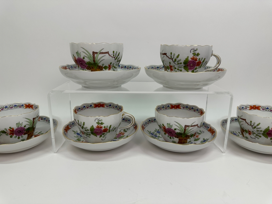 Meissen (Germany) Fine Porcelain Individually Hand Painted 'Colorful Rich Sheaf Pattern With Edge, Gold Edge' Decor 39110 Six Cups 2-5/8H & Saucers 5.5W Estimate $2,250 [Photo 2]