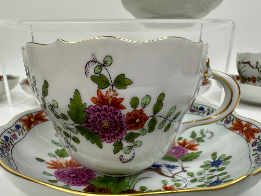 Meissen (Germany) Fine Porcelain Individually Hand Painted 'Colorful Rich Sheaf Pattern With Edge, Gold Edge' Decor 39110 Six Cups 2-5/8H & Saucers 5.5W Estimate $2,250 [Photo 6]