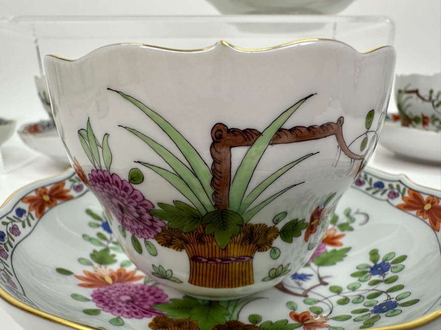 Meissen (Germany) Fine Porcelain Individually Hand Painted 'Colorful Rich Sheaf Pattern With Edge, Gold Edge' Decor 39110 Six Cups 2-5/8H & Saucers 5.5W Estimate $2,250 [Photo 5]
