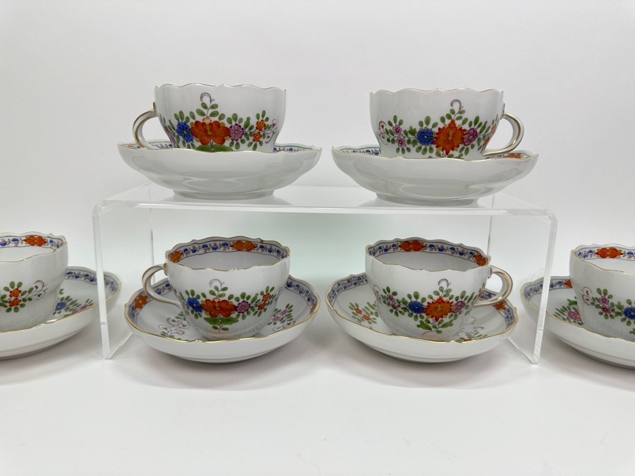 Meissen (Germany) Fine Porcelain Individually Hand Painted 'Colorful Indian Flower Painting, 2 Parts, Gold Edge' Dekor 451110 Six Cups 2.5H & Saucers 5.5W Estimate $2,050	 [Photo 2]