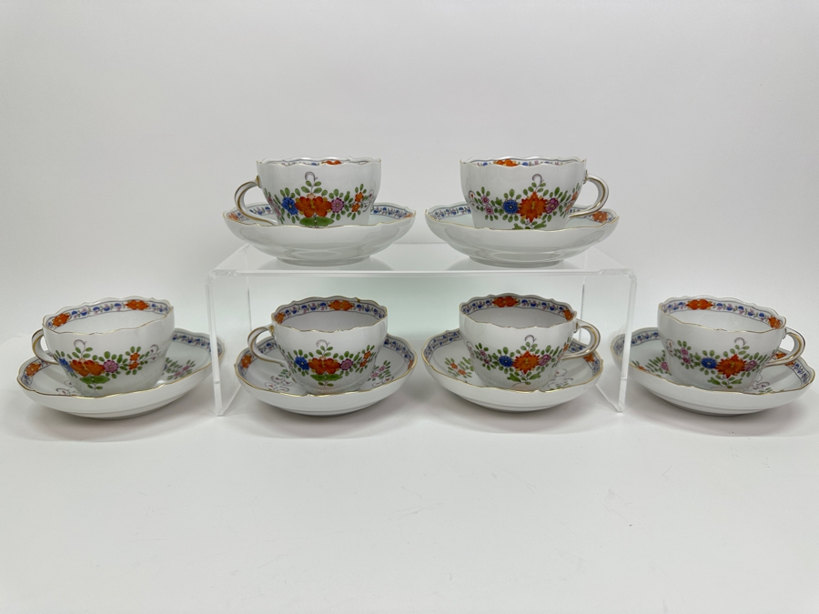 Meissen (Germany) Fine Porcelain Individually Hand Painted 'Colorful Indian Flower Painting, 2 Parts, Gold Edge' Dekor 451110 Six Cups 2.5H & Saucers 5.5W Estimate $2,050	 [Photo 3]