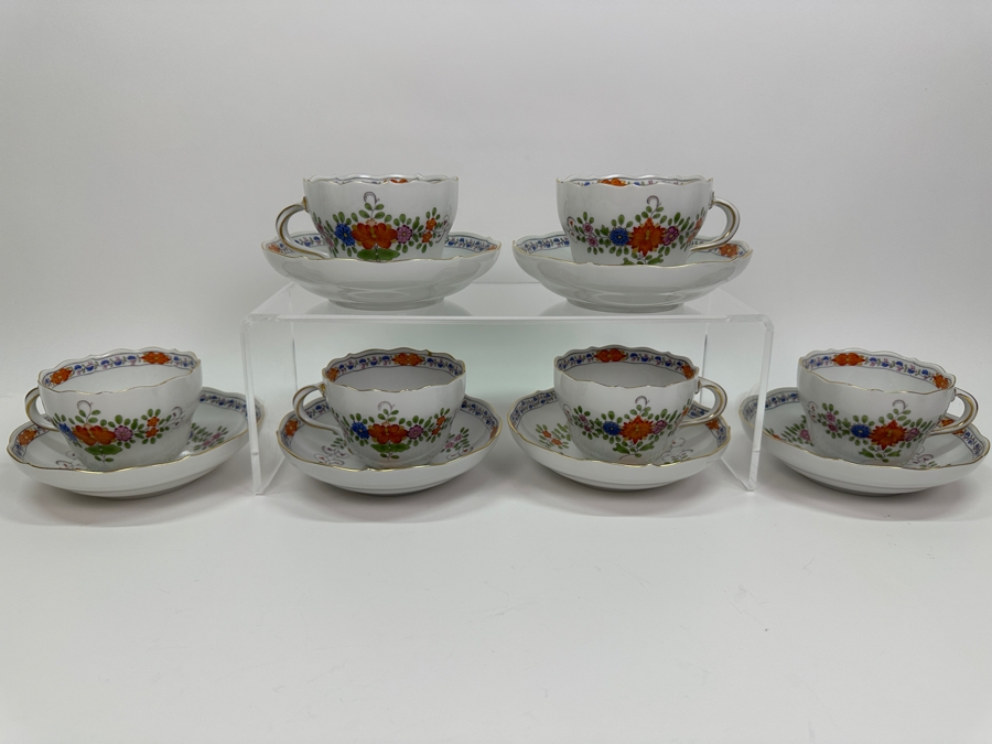 Meissen (Germany) Fine Porcelain Individually Hand Painted 'Colorful Indian Flower Painting, 2 Parts, Gold Edge' Dekor 451110 Six Cups 2.5H & Saucers 5.5W Estimate $2,050	 [Photo 4]