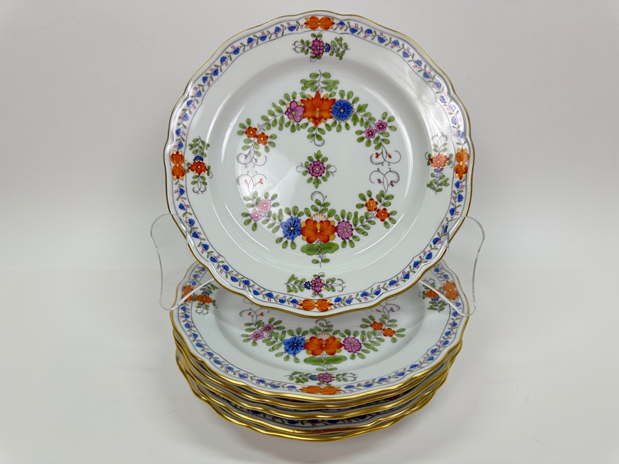 Meissen (Germany) Fine Porcelain Individually Hand Painted 'Colorful Indian Flower Painting, 2 Parts, Gold Edge' Dekor 451110 Six Underplates For Cups & Saucers 7-1/8W Estimate $1,200 [Photo 2]