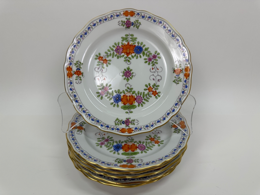 Meissen (Germany) Fine Porcelain Individually Hand Painted 'Colorful Indian Flower Painting, 2 Parts, Gold Edge' Dekor 451110 Six Underplates For Cups & Saucers 7-1/8W Estimate $1,200 [Photo 3]
