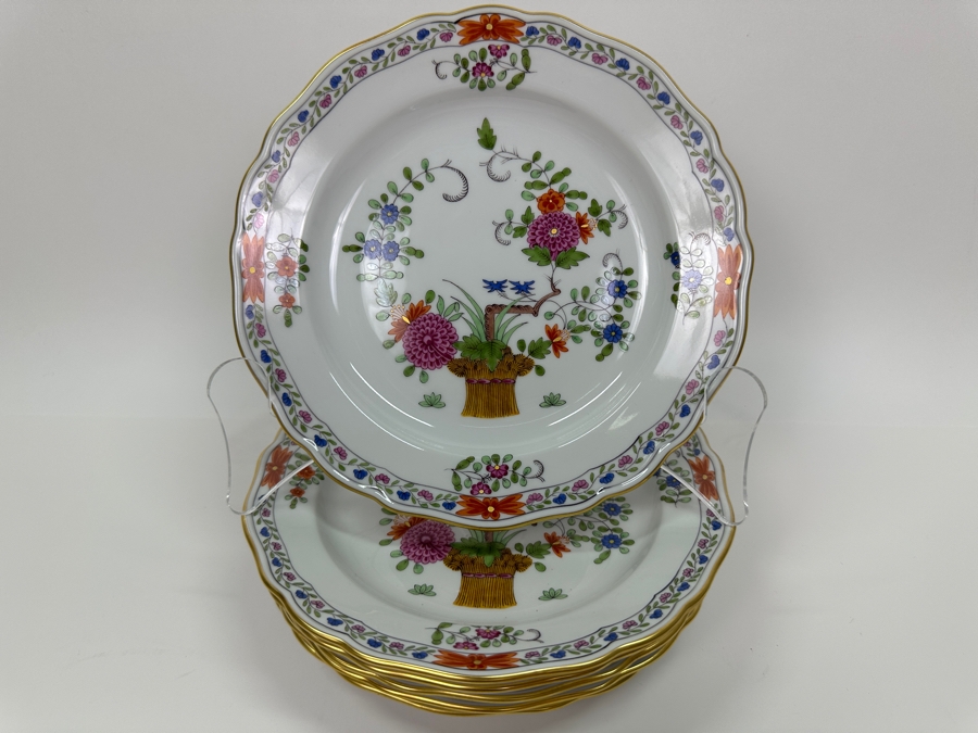 Meissen (Germany) Fine Porcelain Individually Hand Painted 'Colorful Rich Sheaf Pattern With Edge, Gold Edge' Decor 39110 Six Underplates For Cups & Saucers 7-1/8W Estimate $1,200 [Photo 2]