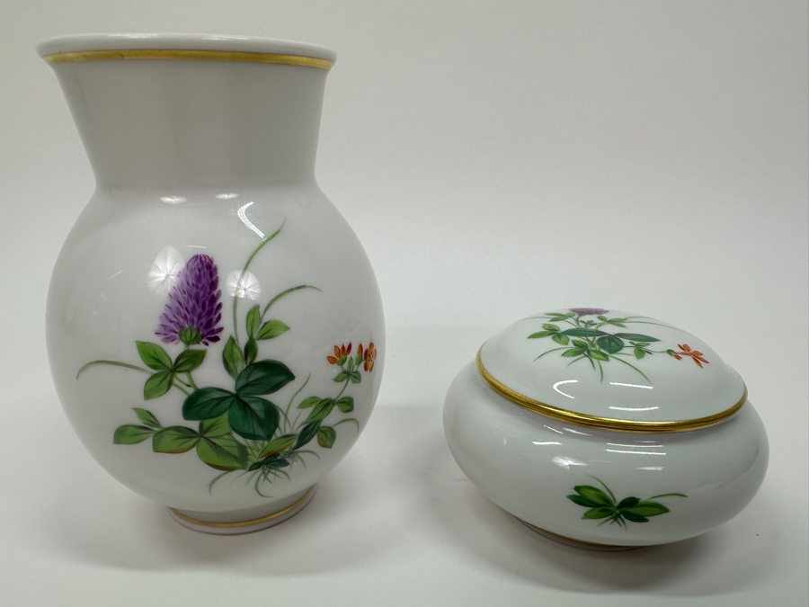 Meissen (Germany) Fine Porcelain Individually Hand Painted Vase 4H And Lidded Box 2H Estimate $250 [Photo 2]