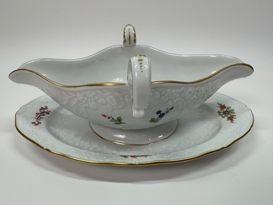 Meissen (Germany) Fine Porcelain Individually Hand Painted 'Colorful Chinese Butterfly Painting With Gold Rim' Schmetterling, Gravy Boat With Attached Underplate 10W Estimate $350 [Photo 4]