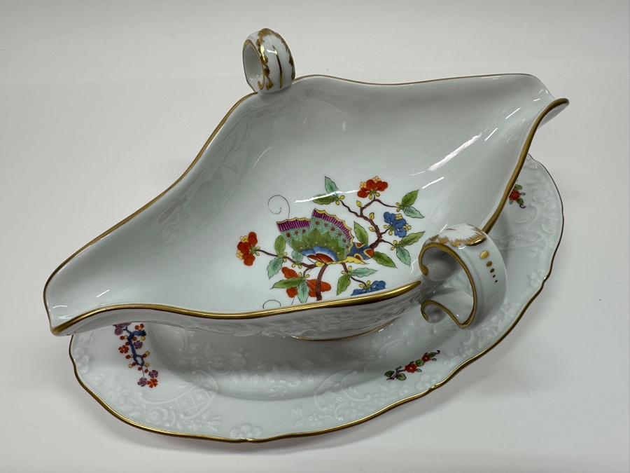 Meissen (Germany) Fine Porcelain Individually Hand Painted 'Colorful Chinese Butterfly Painting With Gold Rim' Schmetterling, Gravy Boat With Attached Underplate 10W Estimate $350 [Photo 2]