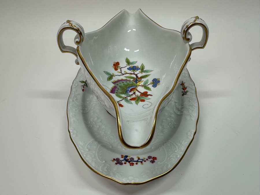 Meissen (Germany) Fine Porcelain Individually Hand Painted 'Colorful Chinese Butterfly Painting With Gold Rim' Schmetterling, Gravy Boat With Attached Underplate 10W Estimate $350 [Photo 9]