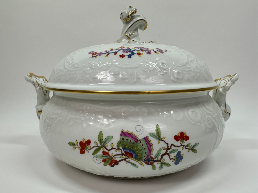 Meissen (Germany) Fine Porcelain Individually Hand Painted 'Colorful Chinese Butterfly Painting With Gold Rim' Schmetterling, Soup Tureen 12W X 8H Estimate $1,500 [Photo 3]